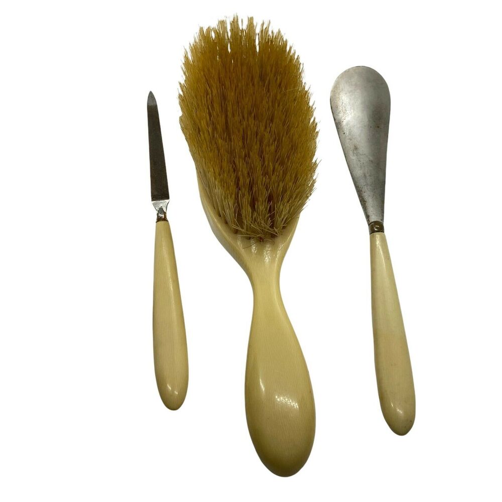 Dresser Set Brush Shoe Horn Finisher Nail File Vintage Plastic Handle Retro Chic
